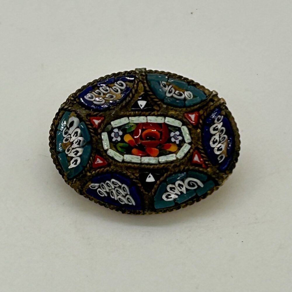 Vintage IMicro Mosaic Oval Brooch Floral Gold-Tone C-Clasp Made in Italy - Picture 8 of 16